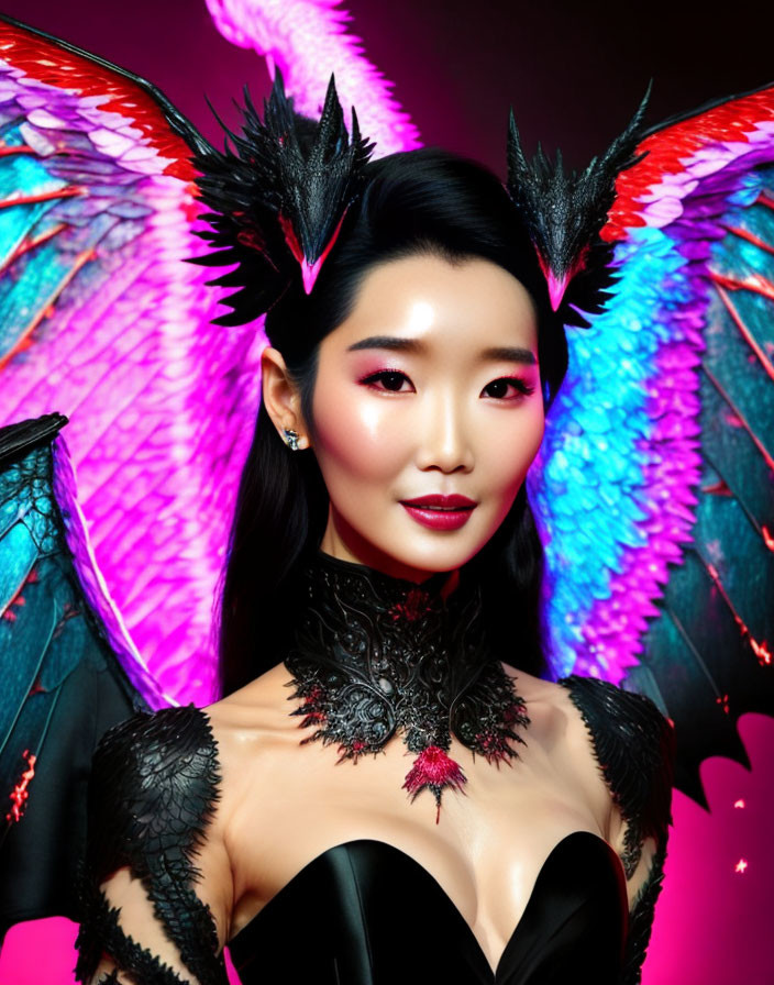 Colorful Butterfly Wings Woman in Dramatic Attire and Makeup on Red Background