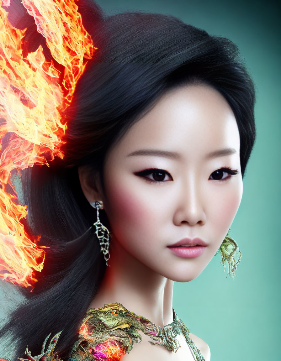 Stylized image of Asian woman with fiery hair and metallic dragon accessory