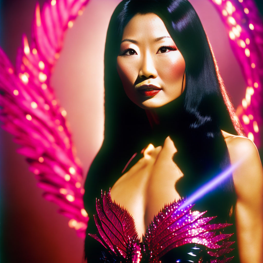 Dark-haired woman posing with pink feathered wings and sparkling costume on pink backdrop.