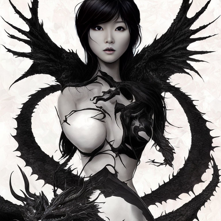 Monochrome image of woman with dark angel wings and dragon motif