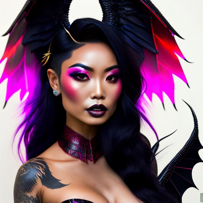 Woman with Striking Makeup and Feathered Wings Shoulder Tattoos on Pale Background