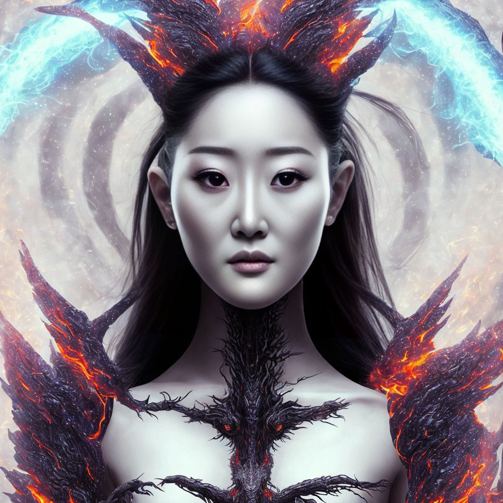 Stylized portrait of a woman with fiery, crystalline structures and tree-like design