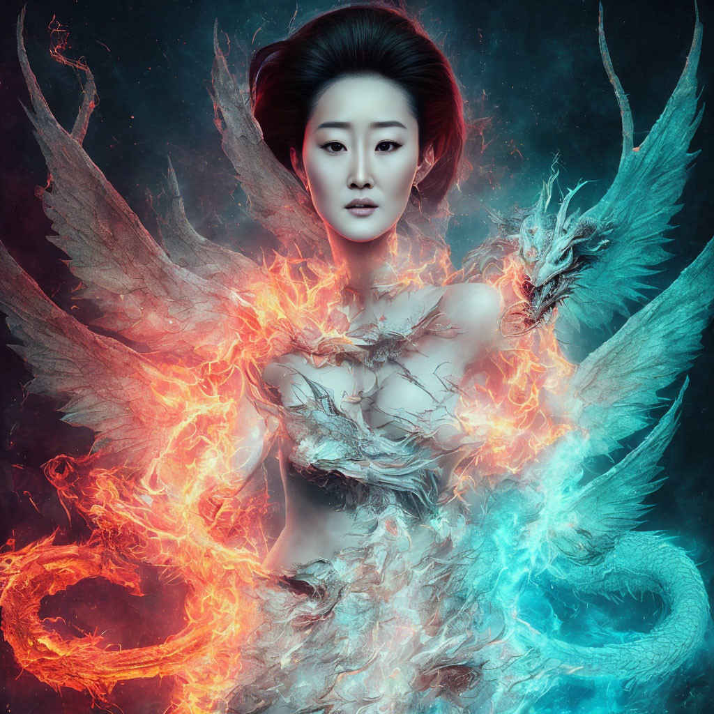 Mystical woman with elaborate hair, fiery phoenix wings, and swirling dragon