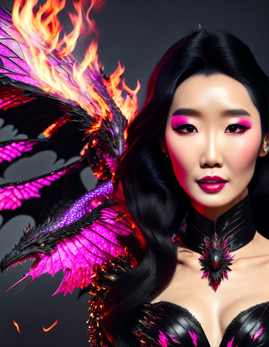 Dark-haired woman with striking makeup faces fiery-winged purple dragon in fantasy scene