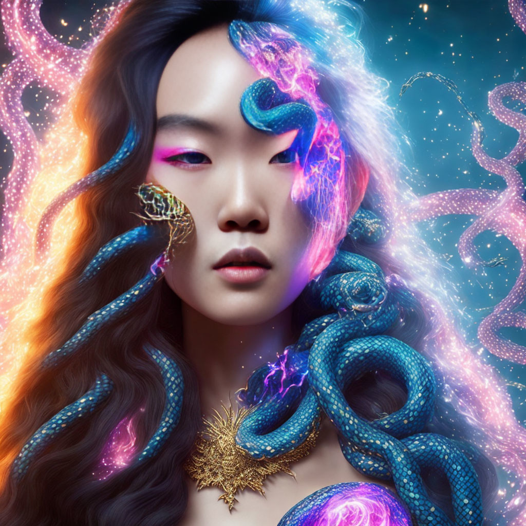 Serene woman with cosmic energy and blue serpentine creatures.