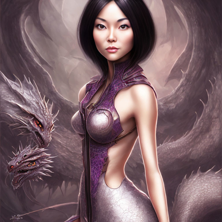 Digital artwork of Asian woman in dragon armor with dragon companion