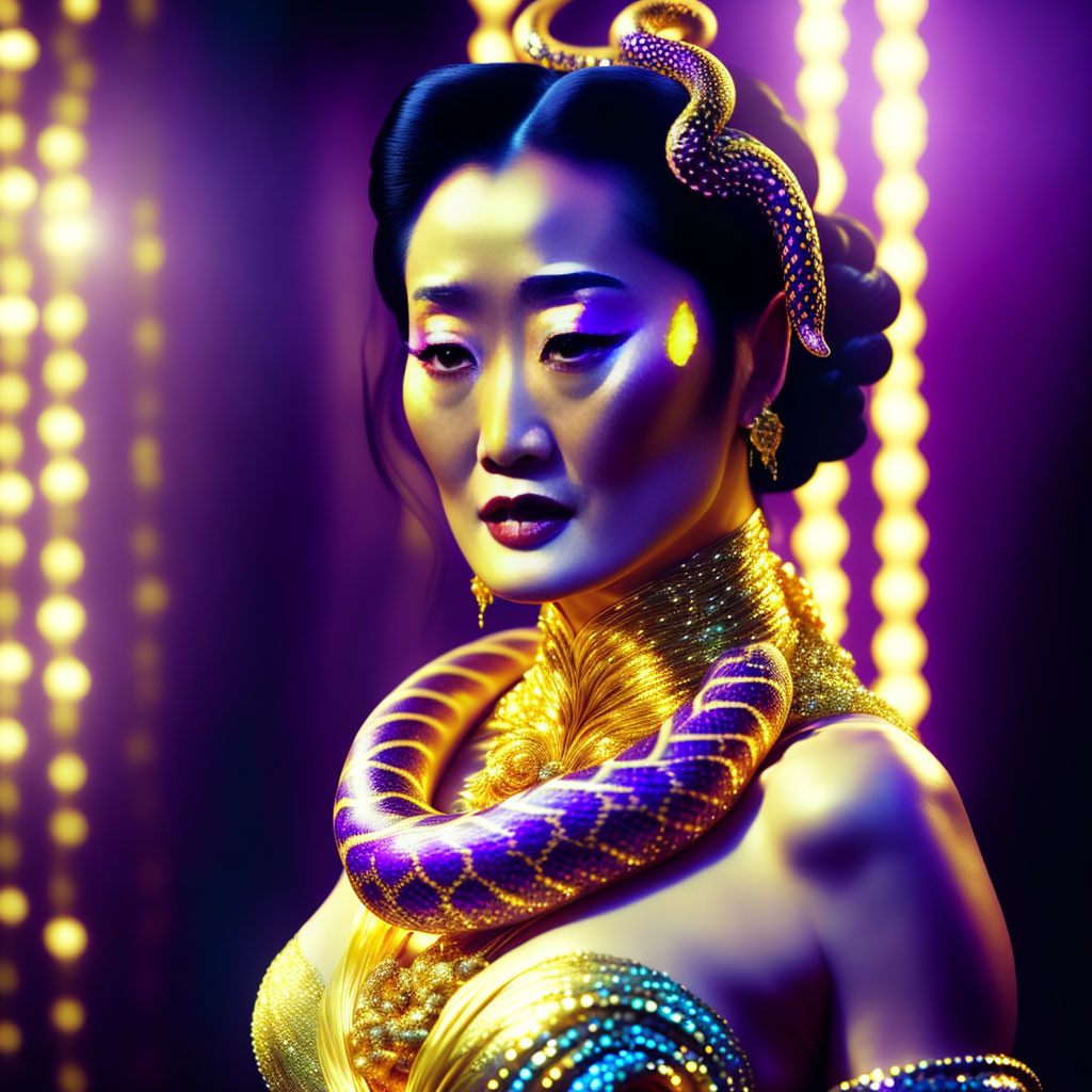 Stylized portrait of Asian woman with elaborate hair and golden snake accessories