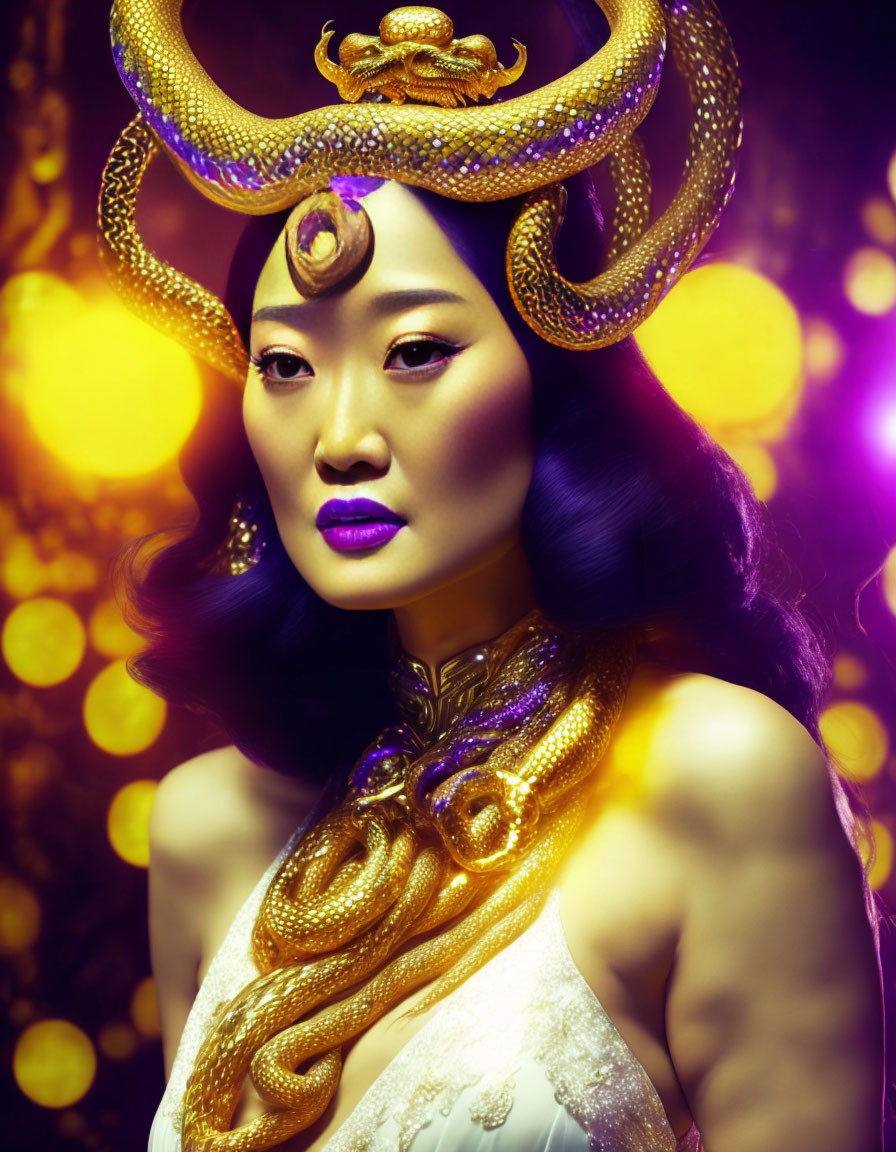 Elaborate Gold Snake Headdress Woman on Yellow Bokeh