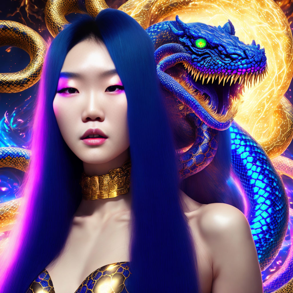 Woman with long blue hair and vibrant dragon against golden background