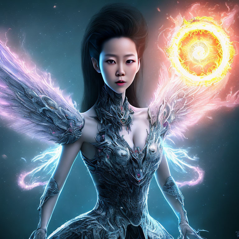 Ethereal female figure with futuristic attire and cosmic backdrop