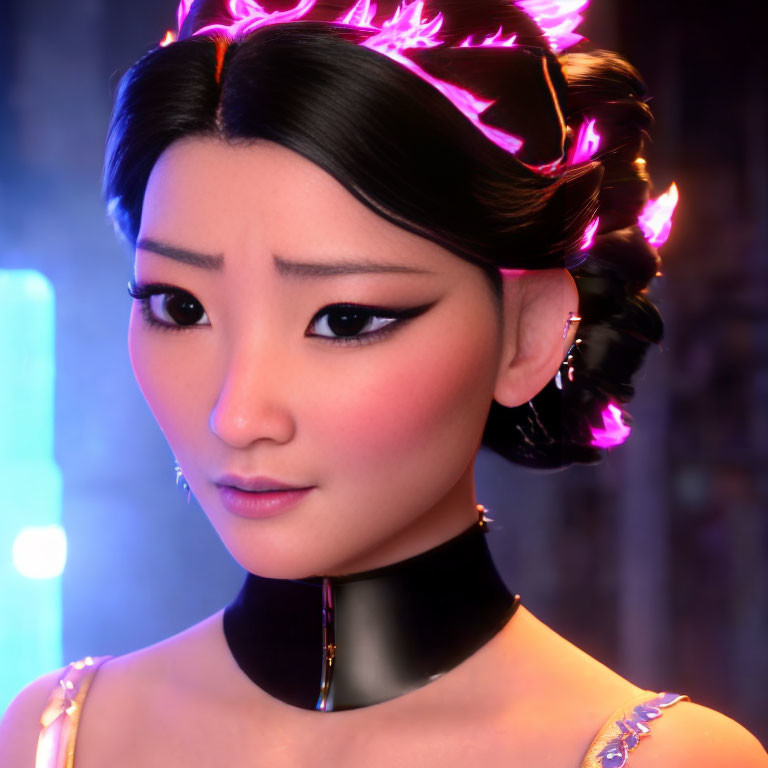 Glowing pink hair accessories on animated character in neon-lit scene