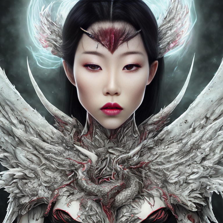 Digital portrait: Woman with ethereal crown, red markings, white feathered armor