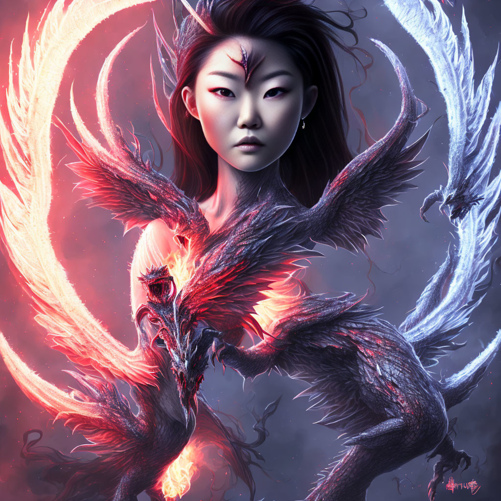 Mystical woman with fiery phoenix wings in dramatic pose against dark red backdrop