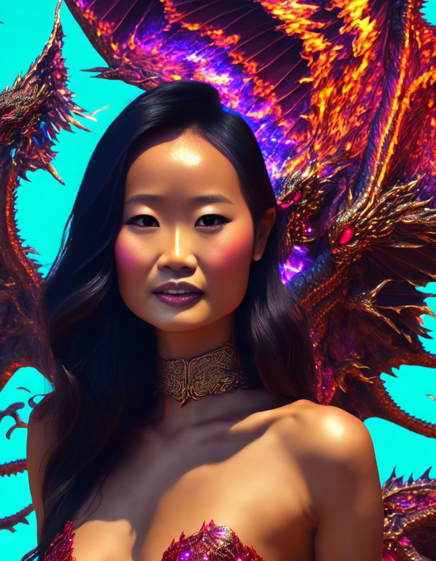 Asian Woman with Dark Hair and Golden Necklace Faces Colorful Fiery Winged Creature on Blue Background