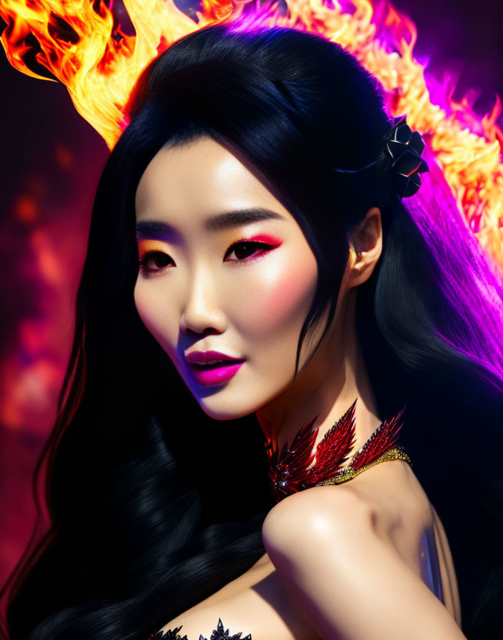 Flaming hair woman with red eyeshadow and fiery art design on dark background