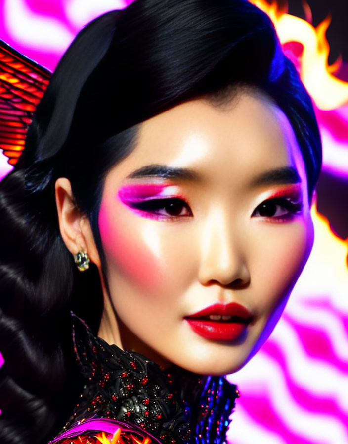 Vibrant makeup close-up on woman against colorful flame-like background