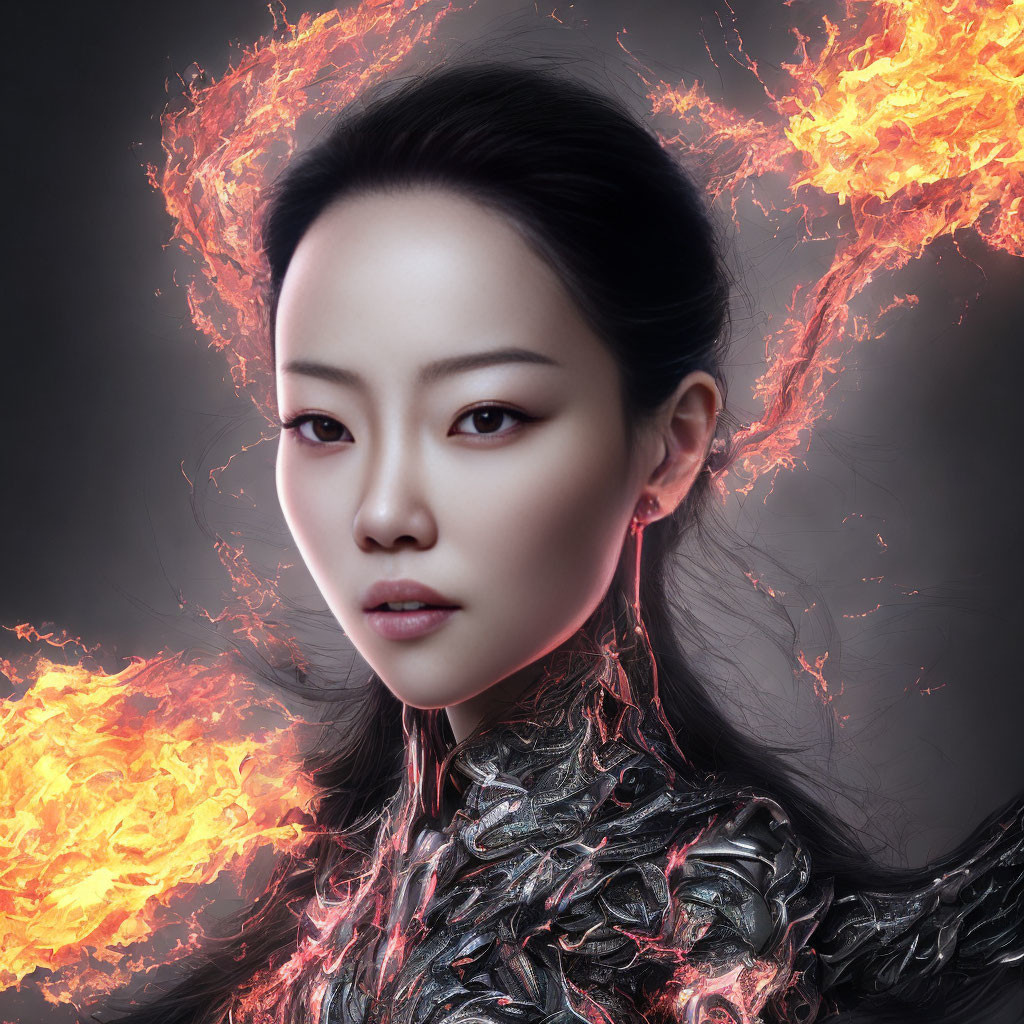 Intense gaze woman with fiery effects and armor-like attire in fantasy or sci-fi theme