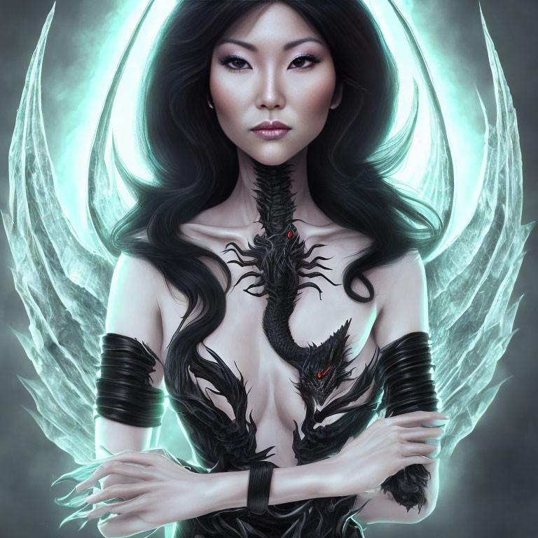 Illustration of serene woman with glowing wings and black dragon motifs