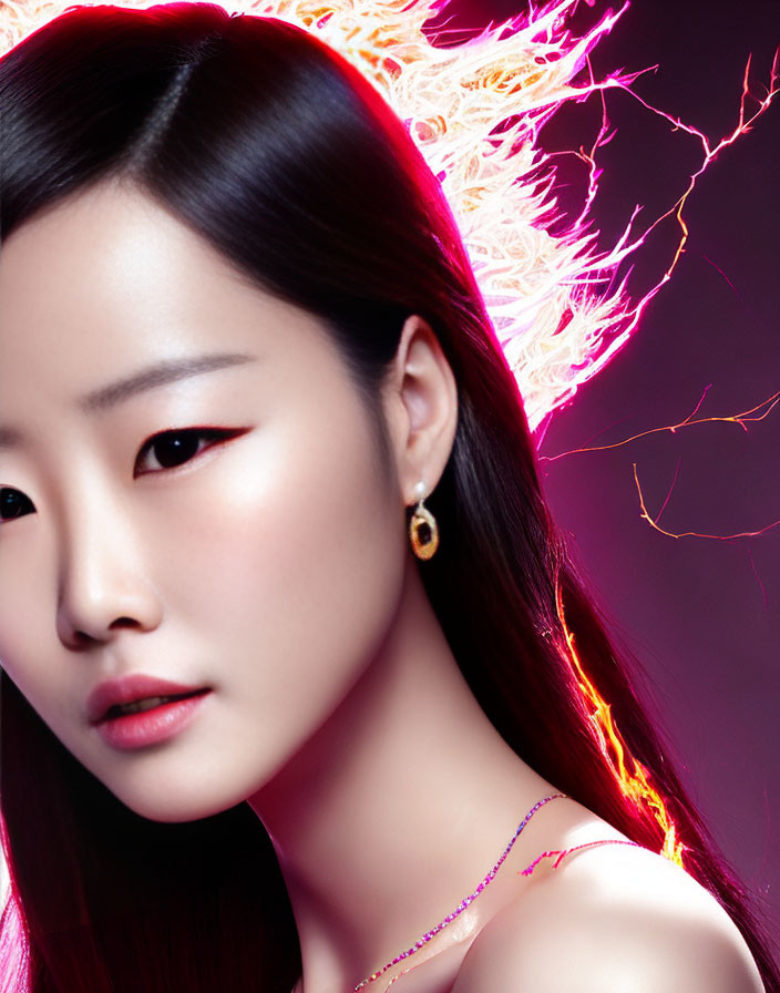 Asian woman portrait with dark hair and earring on dark pink background