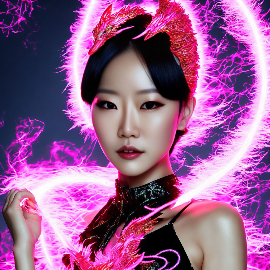 Woman with glowing pink halo and dragon accessories on dark background