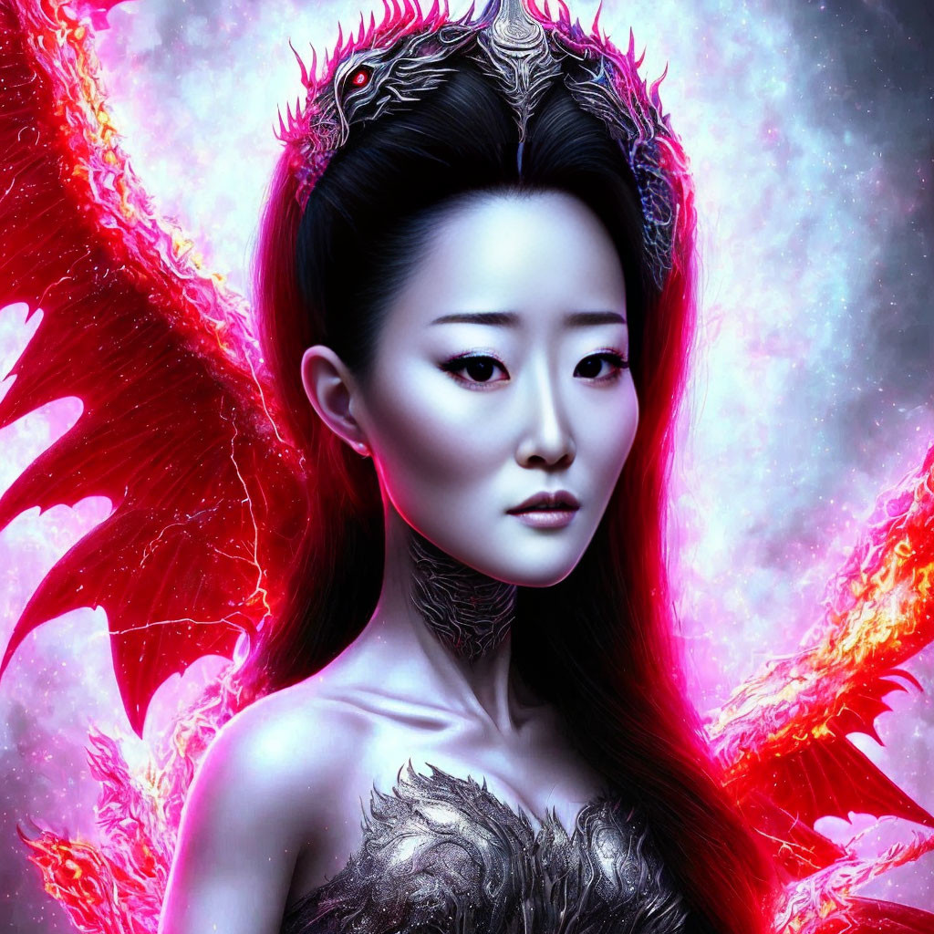 Fantasy-themed portrait of woman with intricate crown and red wings.