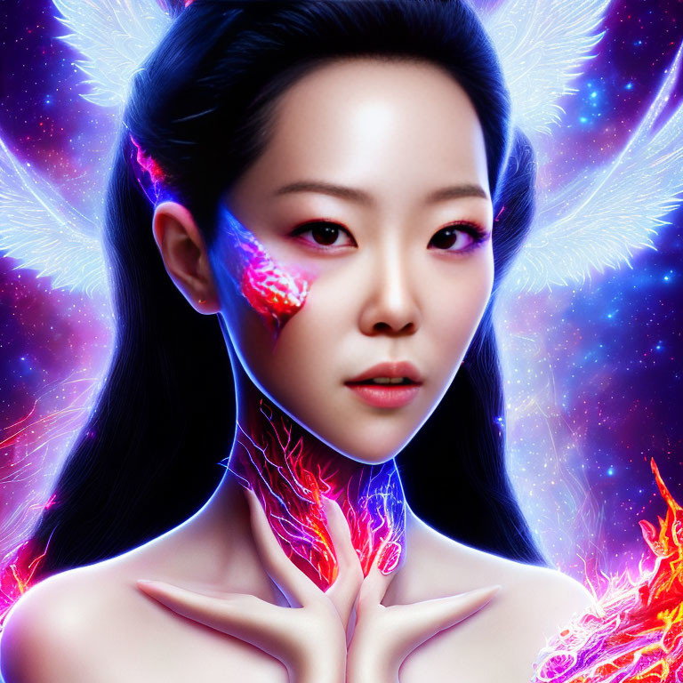 Colorful digital portrait of a woman with glowing wings and fiery effects