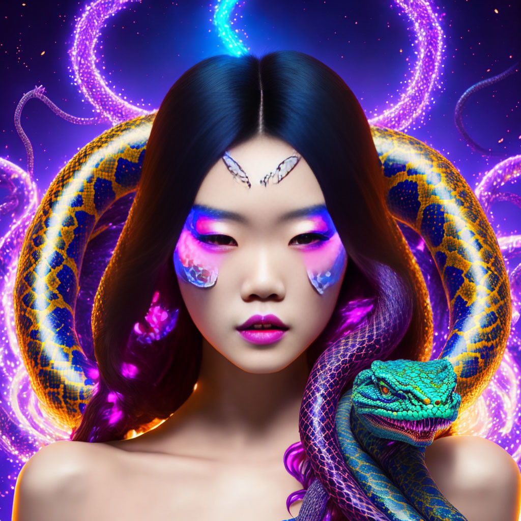 Colorful Snake Wrapped Around Woman with Vibrant Makeup in Cosmic Setting