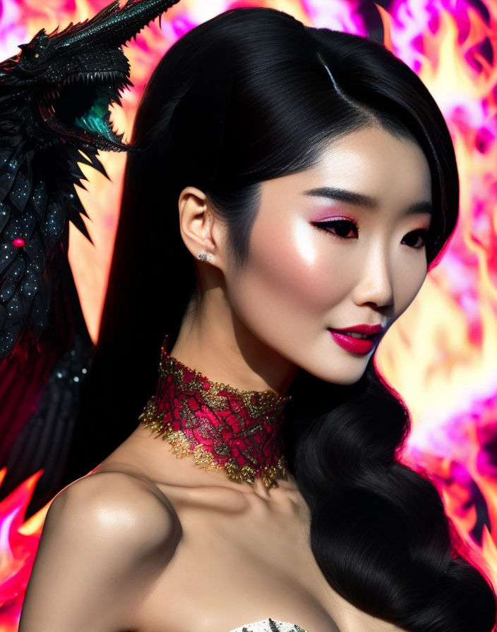 Sleek black hair woman with red makeup and dark dragon backdrop.