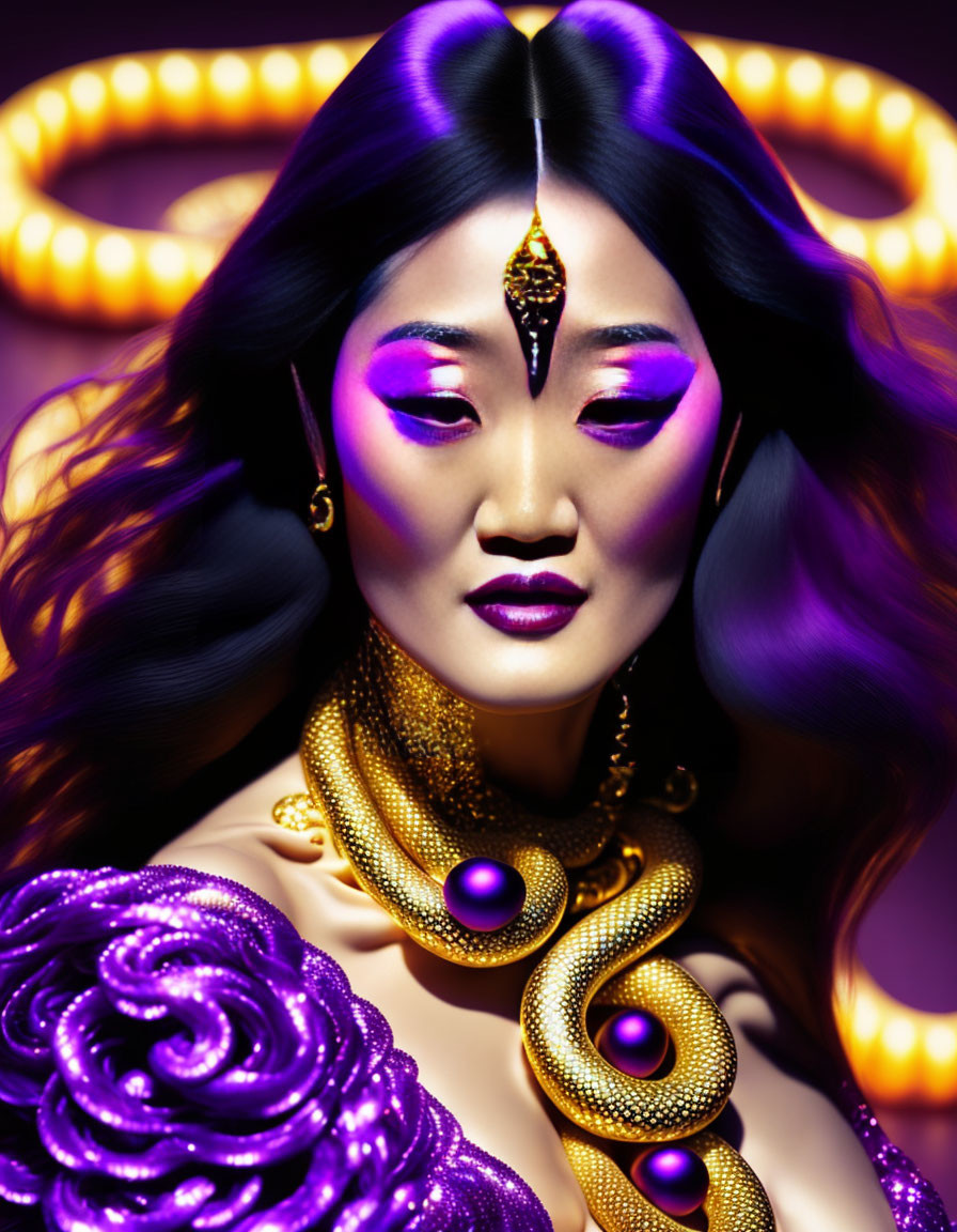 Woman adorned with golden jewelry and purple makeup on swirling pattern background