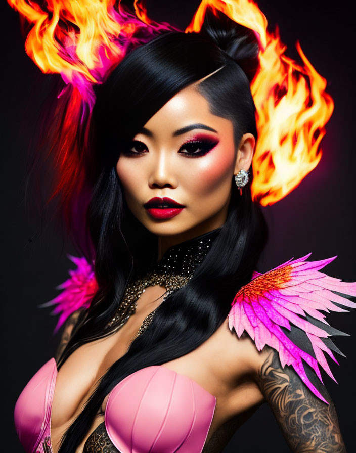 Elaborate Flaming Hairstyle and Pink Makeup on Dark Background