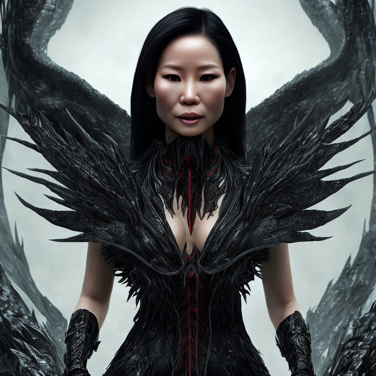 Intense dark-haired woman in black feathered attire on eerie background