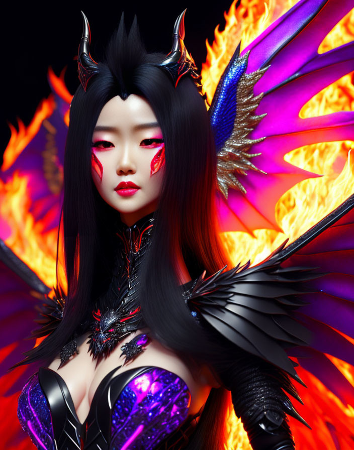 Digital Artwork: Woman with Demon Features and Fiery Background