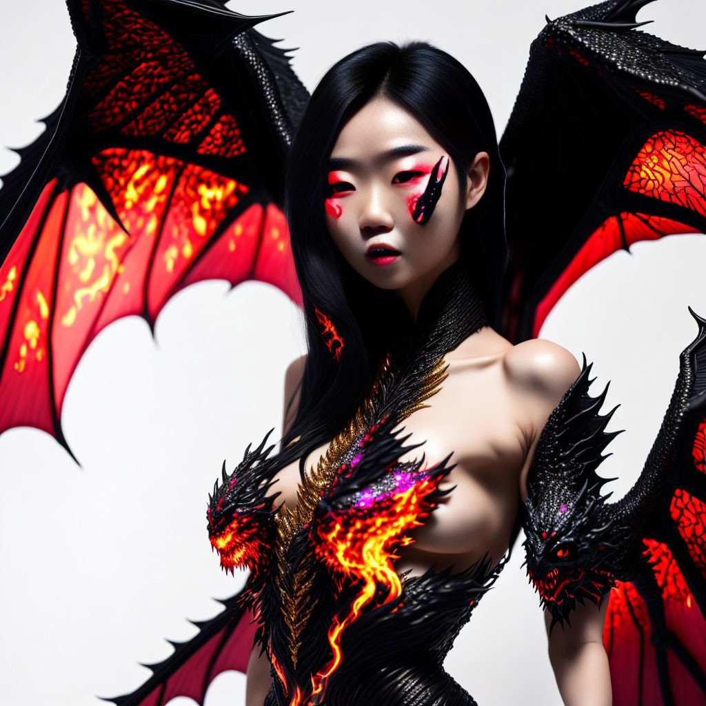 Woman in fiery dragon costume with red eye makeup poses dramatically