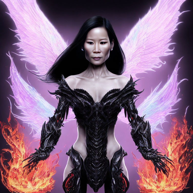 Fiery winged woman in black textured outfit on purple background