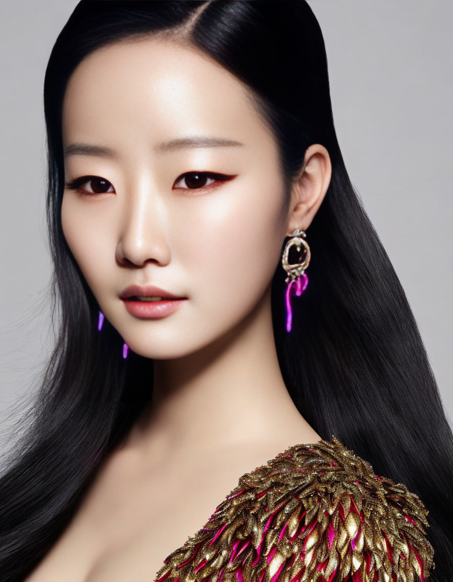 Woman with Black Hair, Red Eyeshadow, Earrings & Golden Garment