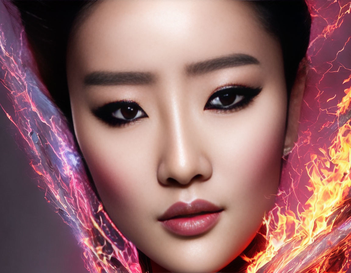 Close-up portrait of Asian woman with bold eyeliner and fiery hair flames.