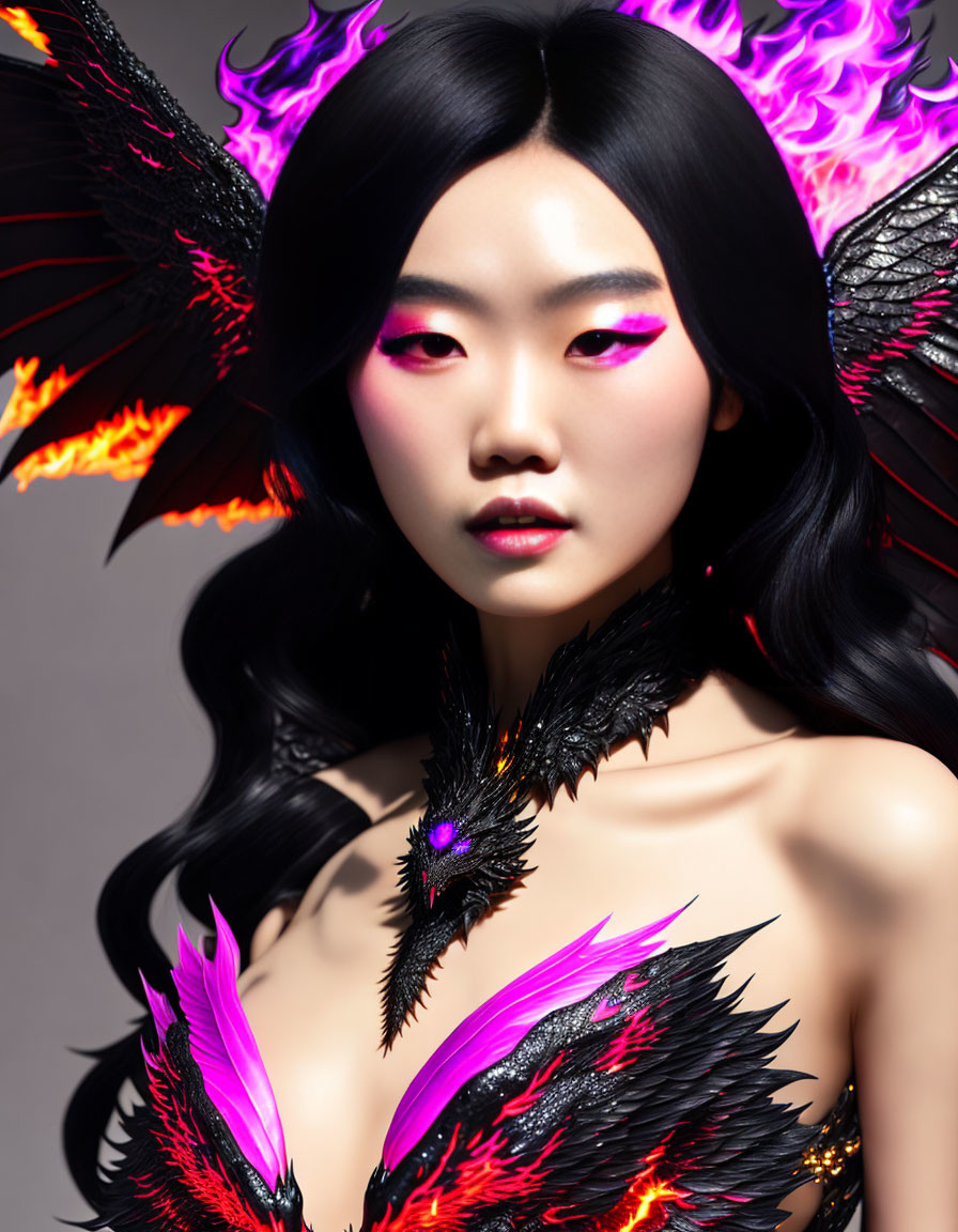 Fantasy-themed portrait of a woman with striking makeup and fiery, feathered wings