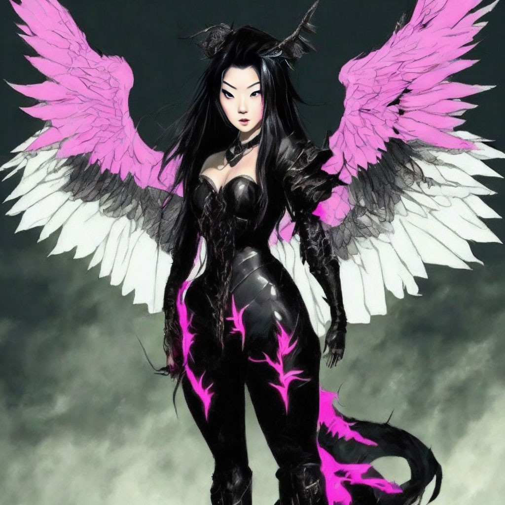 Fantasy digital artwork of female character with pink wings and armor