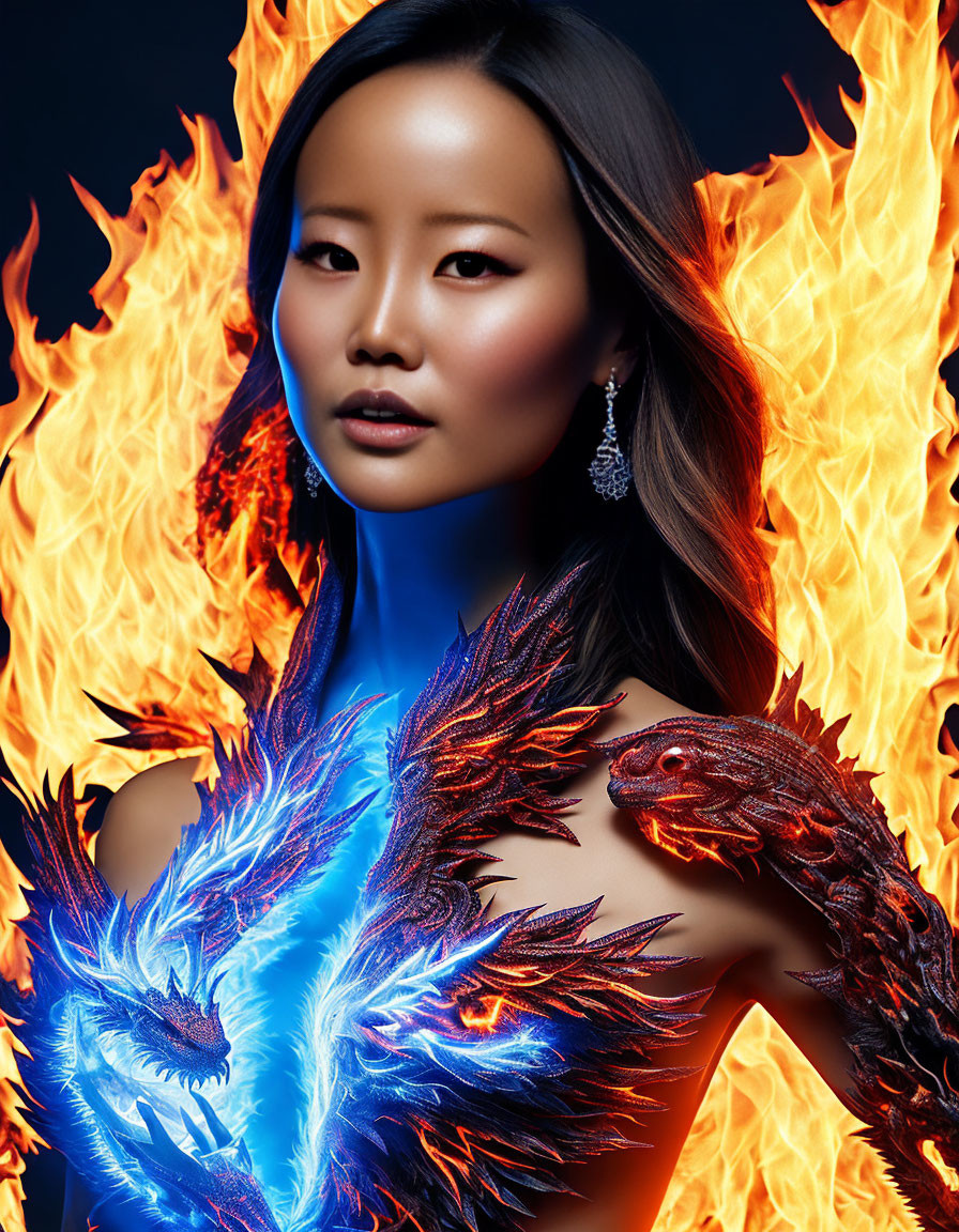 Woman engulfed in blue and orange flames with fiery wing-like garment and intense gaze.