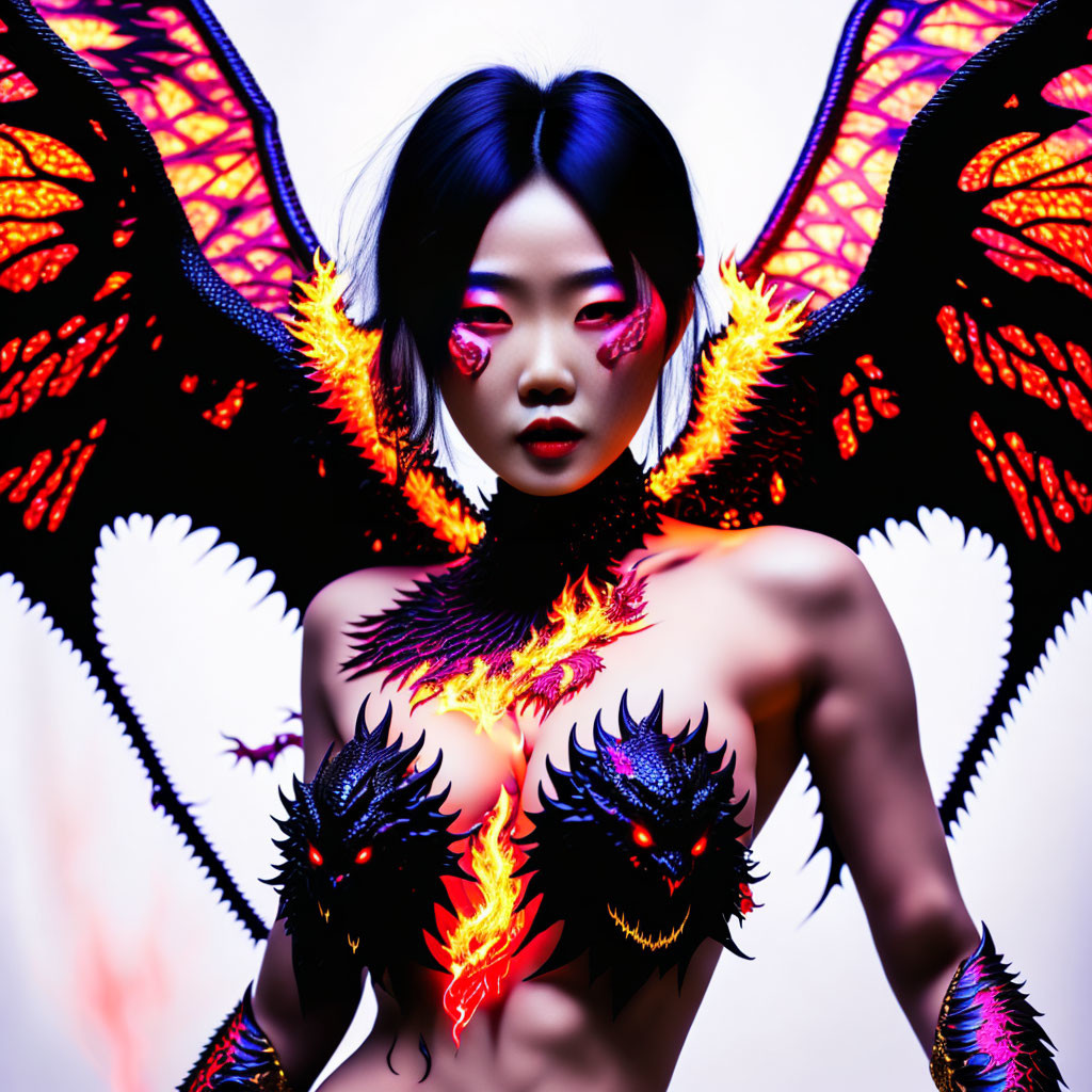 Person adorned with fiery body paint and butterfly wings stares intensely.