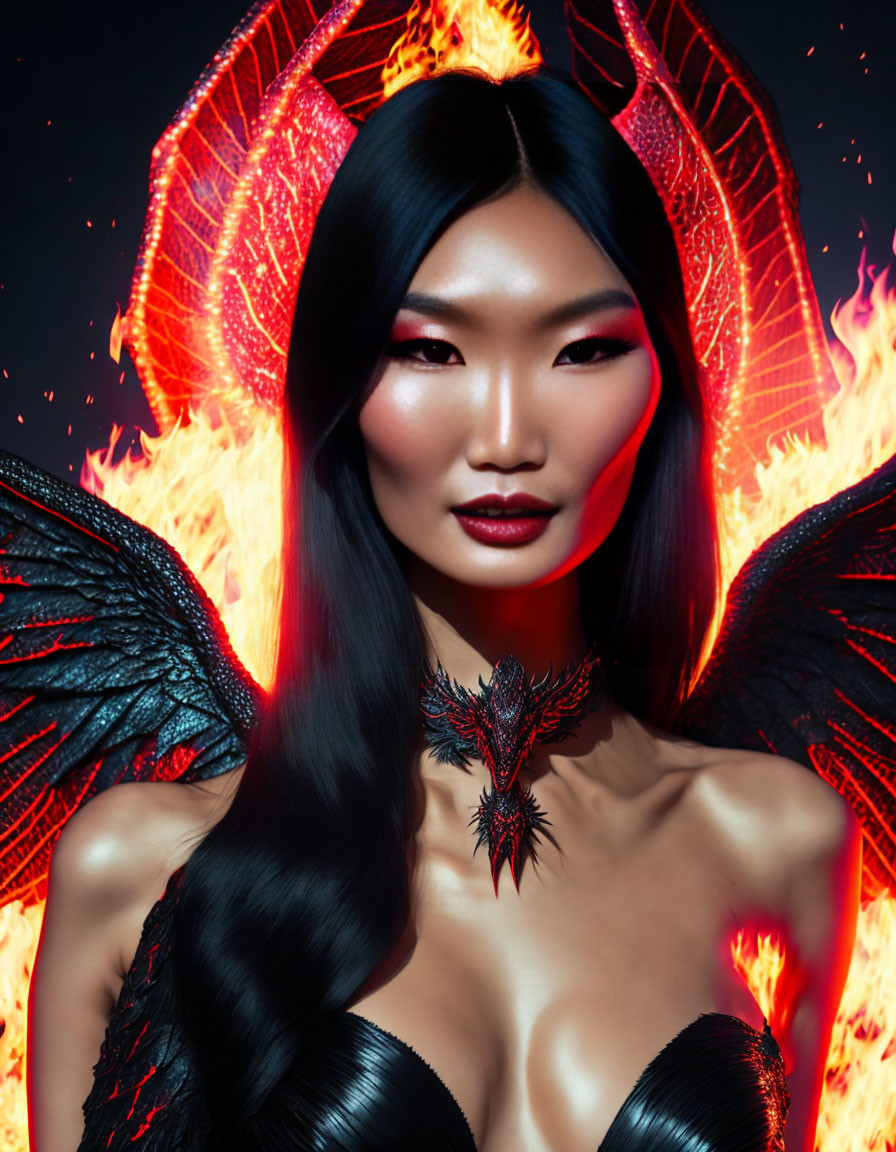 Striking Figure with Dark Hair and Fiery Background