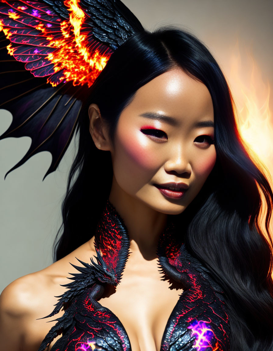 Elaborate Costume with Dragon Wings and Body Art