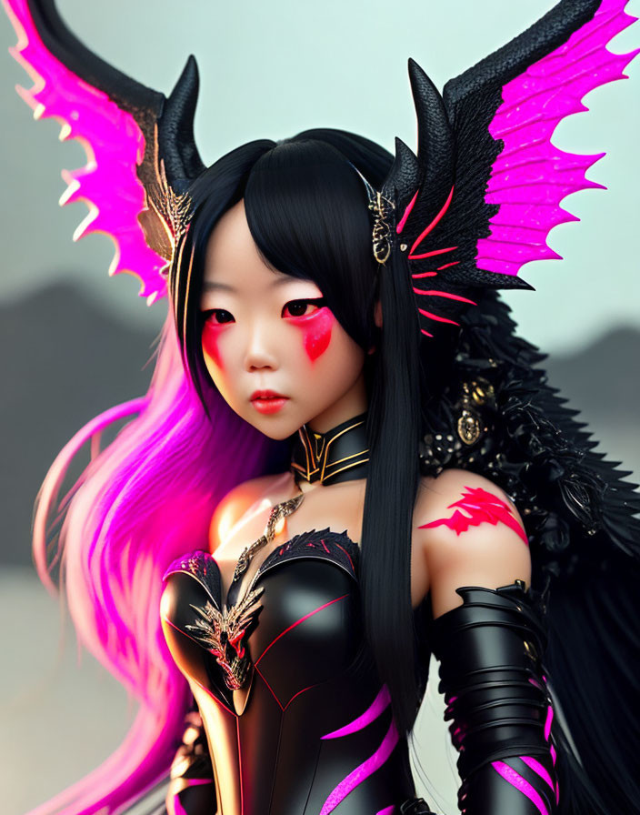 Fantasy character with horns, wings, red eyes, black & pink outfit on grey background