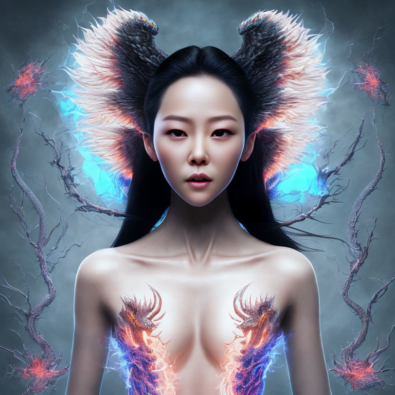 Symmetrical portrait of a woman with blue and red fractal wings and horns