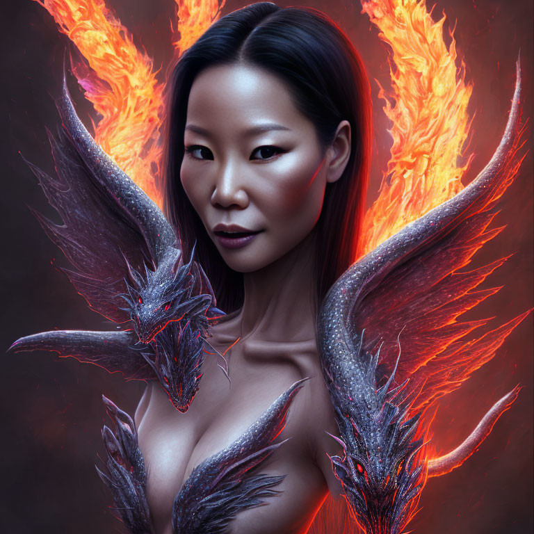 Fantasy digital artwork: Woman with glowing skin and dragon-like creatures