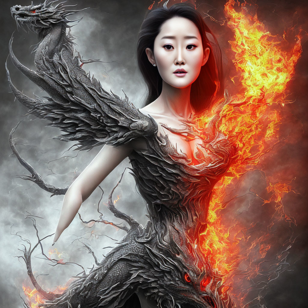 Fantasy dragon-themed woman in winged attire with fiery effects and smoky backdrop