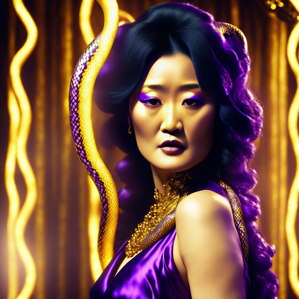 Woman with dramatic makeup and snake on golden, wavy background