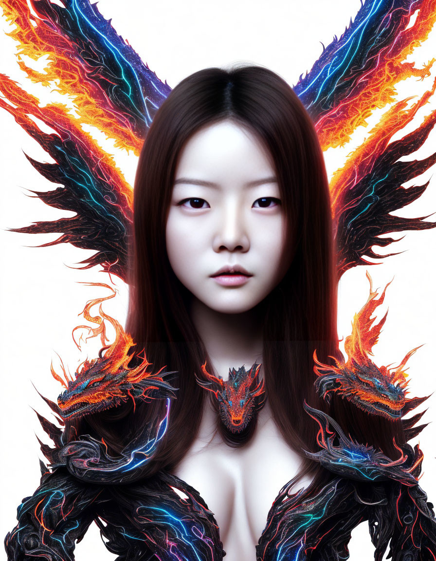 Serene woman with phoenix-like wings for hair and mythical bird-like armor