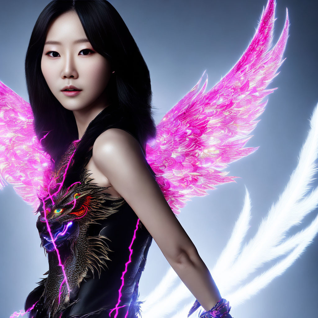 Character with pink glowing wings and dragon-themed black outfit on cool-toned background