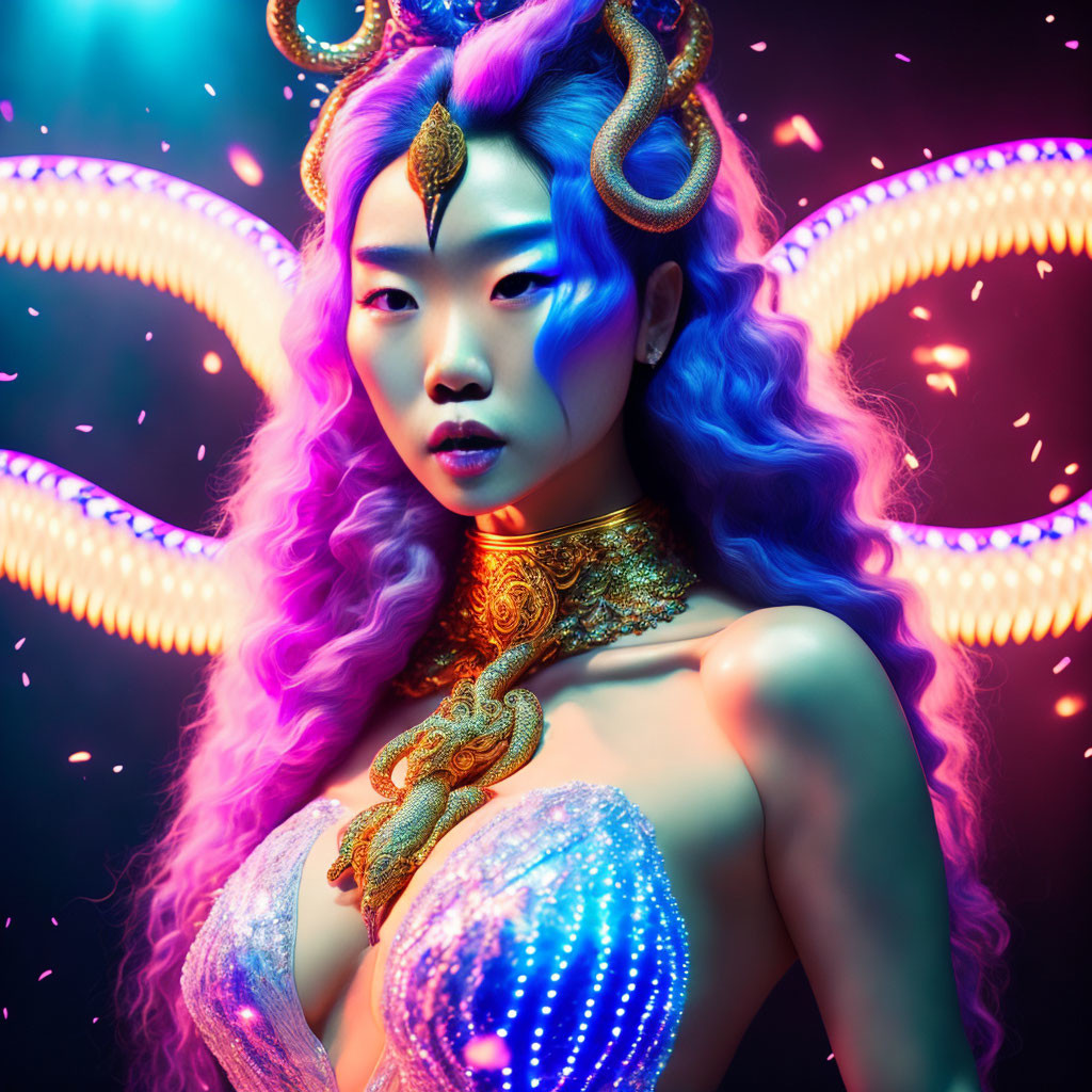 Blue-skinned woman with purple hair in gold jewelry against neon lights